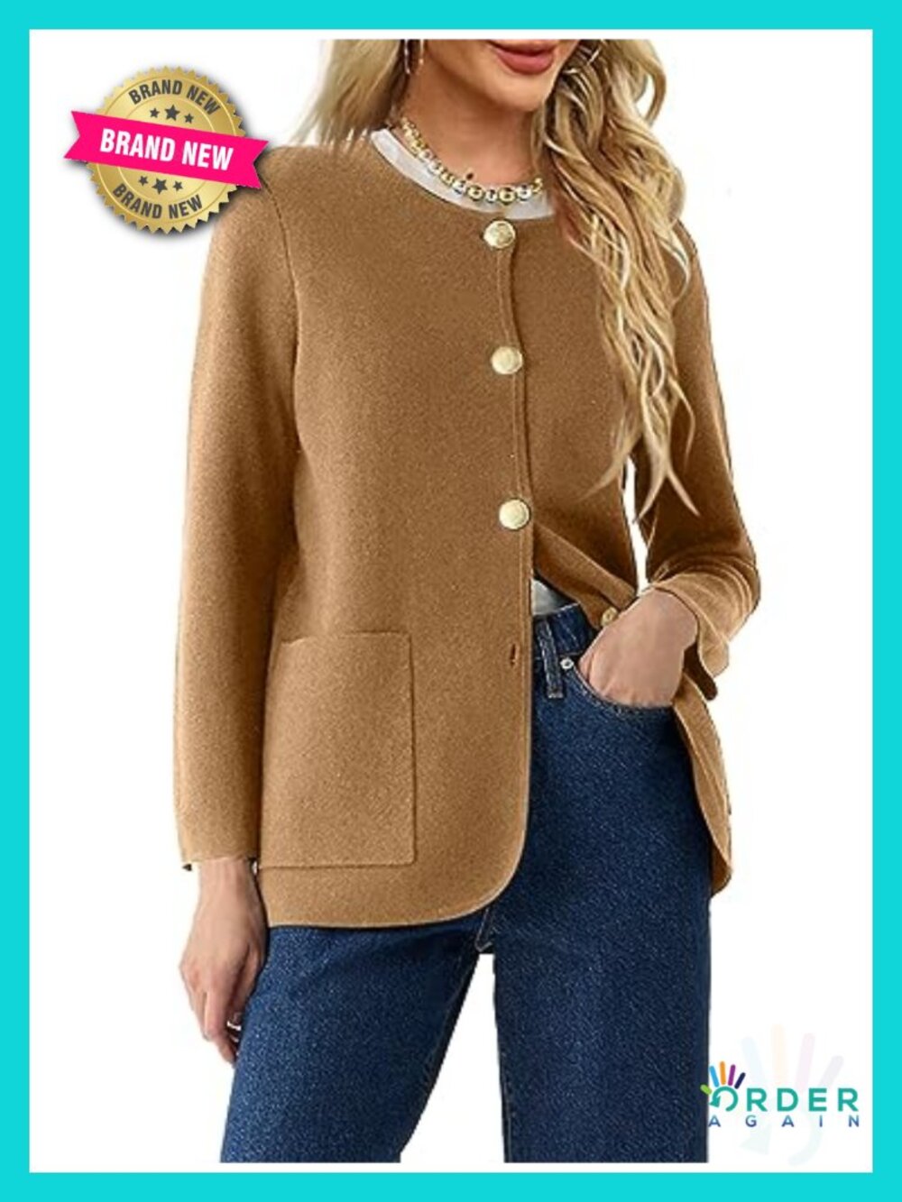 Crew Neck Button Down Cardigan Sweater Blazer Long Sleeve Knit Jacket
